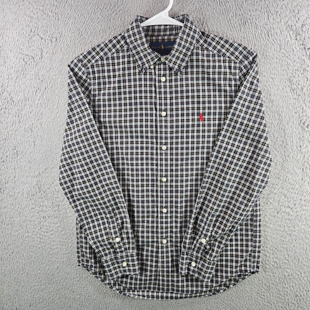 Ralph Lauren Boys‎ Large 14-16 Plaid Button Down Shirt Navy Green Cotton Pony